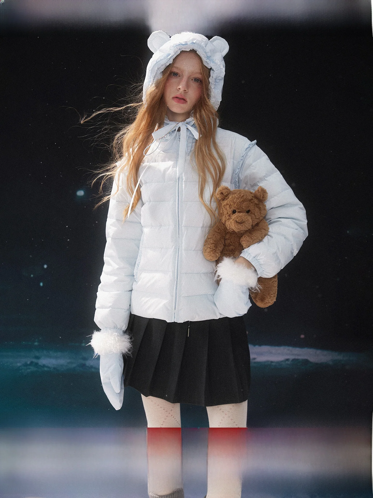 

Blue Bear Ribbed Detachable Sve down Jaet Women's Coat Tipsymattina Morning Drunkenn Winter Faion Outerwear