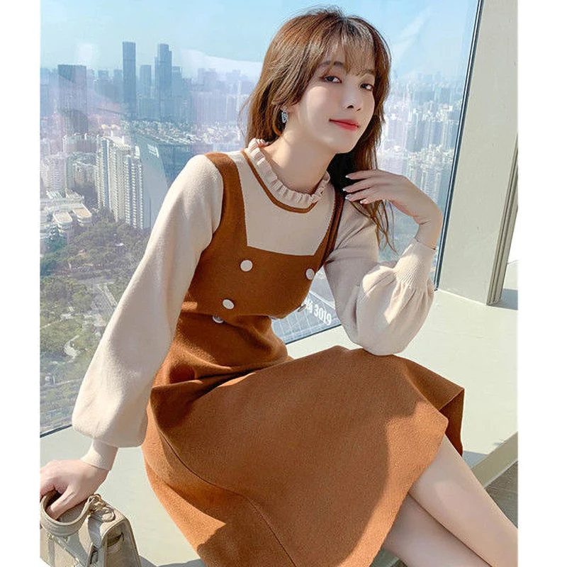 

French Knit Dress Women's 2021 Fall New Waist Slimming Small Fake Two-Piece Mid-Length Sweater Skirt