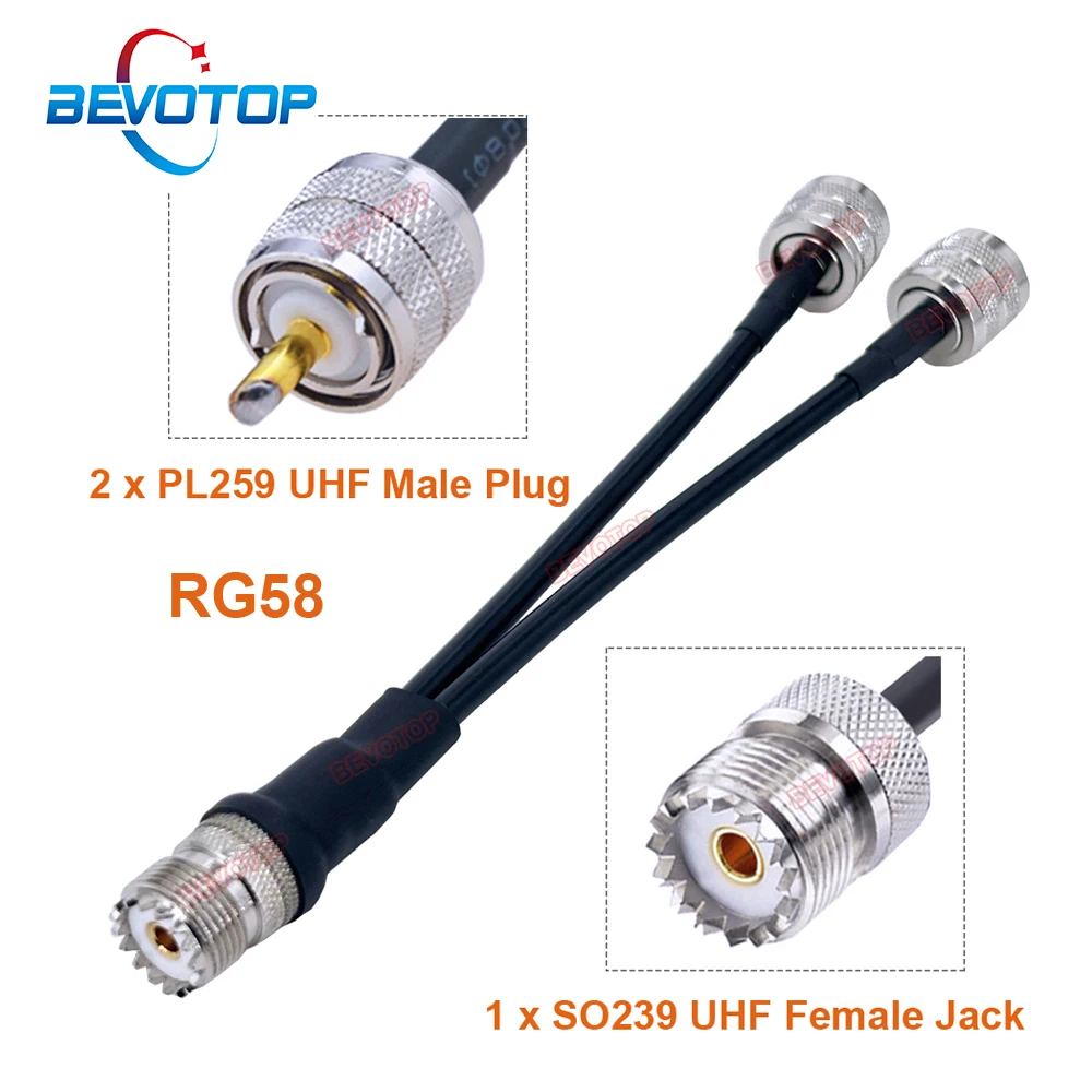 1PCS RG58 UHF Splitter Cable SO239 UHF Female to 2 x PL259 UHF Male Plug 50Ohm RG-58 Cable Splitter Adapter Jumper BEVOTOP