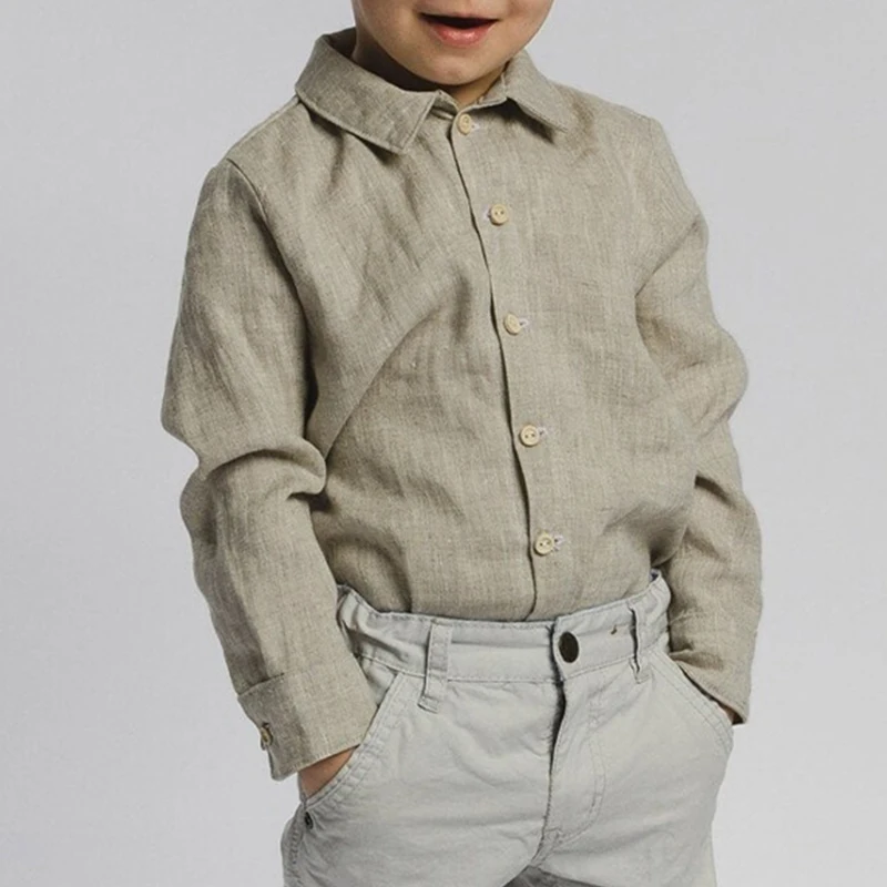 Spring Retro Cotton And Linen Boys Shirt With Wooden Buttons Casual New Children\'s Lapel Long-Sleeved Linen Shirts TZ429