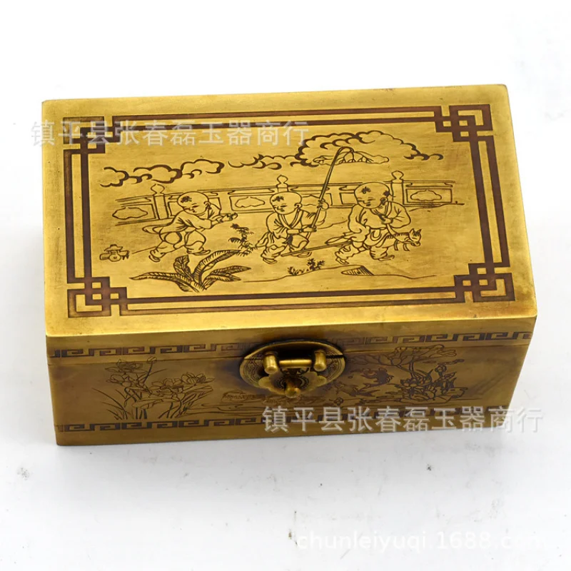 Antique Chinese-style treasure chest, bronze collectible storage , vintage brass jewelry box with lock