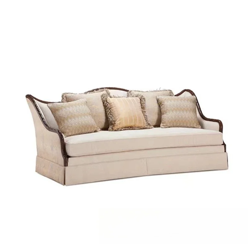 

American retro light luxury solid wood carving flower villa living room three single small apartment solid wood sofa combination