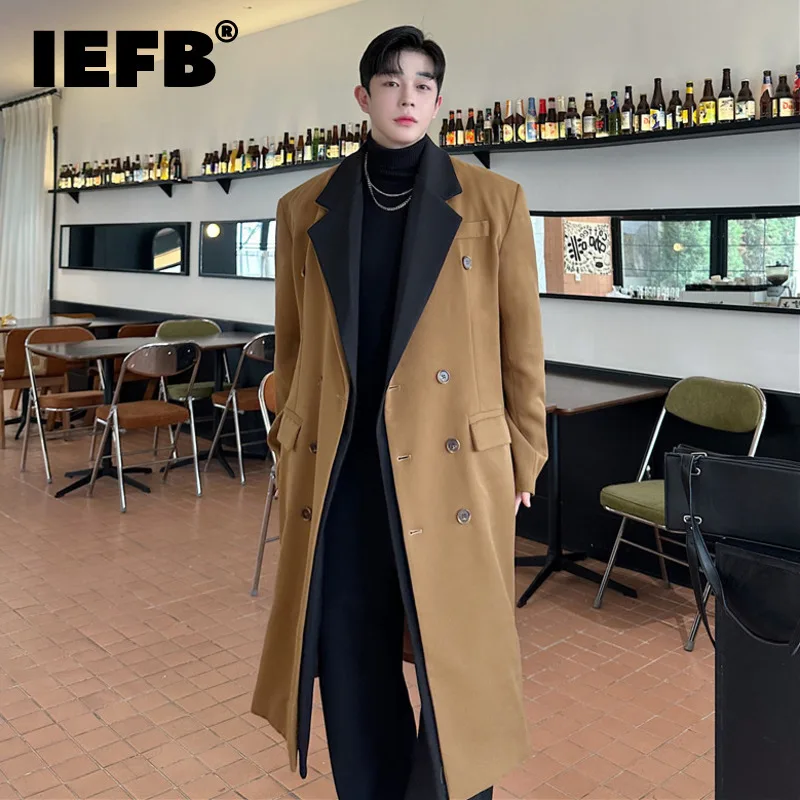 IEFB Korean Style Men's Overcoats Turn-down Collar Fake Two-piece Double Breasted Contrast Color Casual Male Windbreakers 9C8431