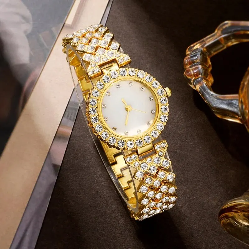 طقم ساعة 6 ساعات نسائية بحلقة وقلادة وأقراط وحجر الراين ساعة يد نسائية كاجوال للسيدات ساعات بسوار فولاذية طقم ساعة