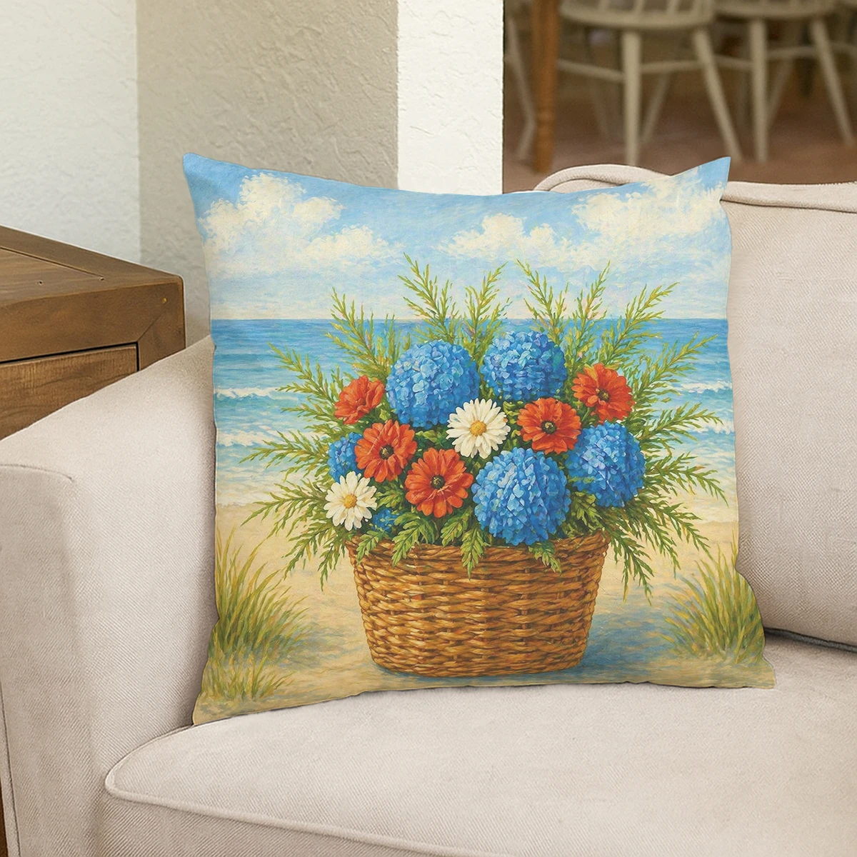Tropical Beach Scenery Polyester Pillow Cover - 2D Printed Cushion Case for Home, Living Room & Bedroom Decoration