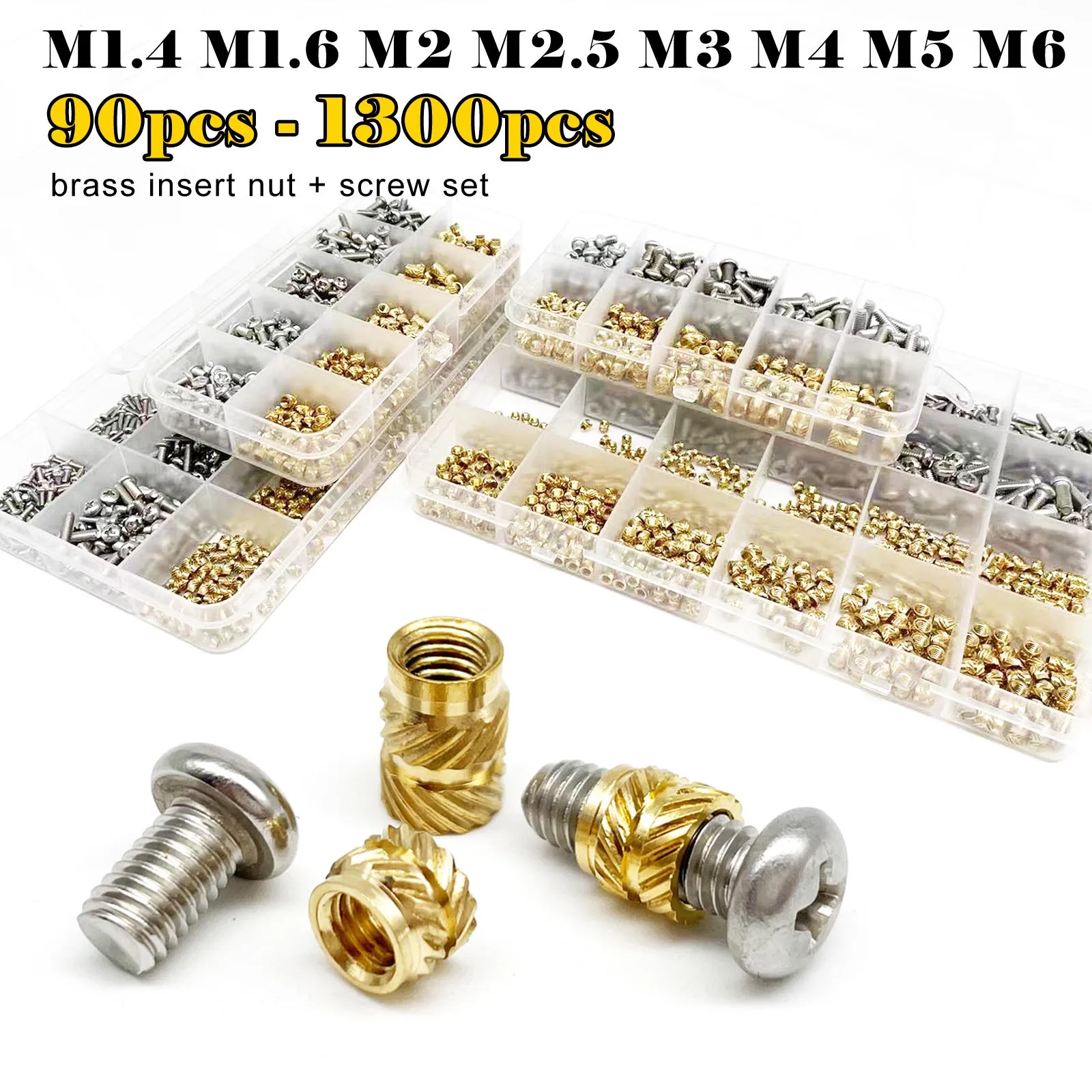 Brass Copper Embed Insert Nut Screw Kit Set M1.4M1.6 M2 M2.5 M3 M4 M5 M6 for Heat Melt Injection 3D Print Twill Knurled Thread