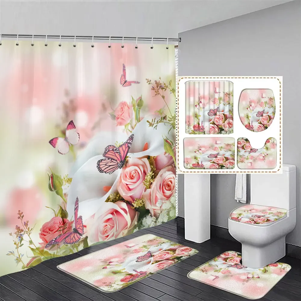 Imagem -04 - Conjunto de Cortina de Chuveiro Estética Floral com Ganchos Borboleta Antiderrapante Tapete Multicolorido Decoração do Banheiro Rosa Peças