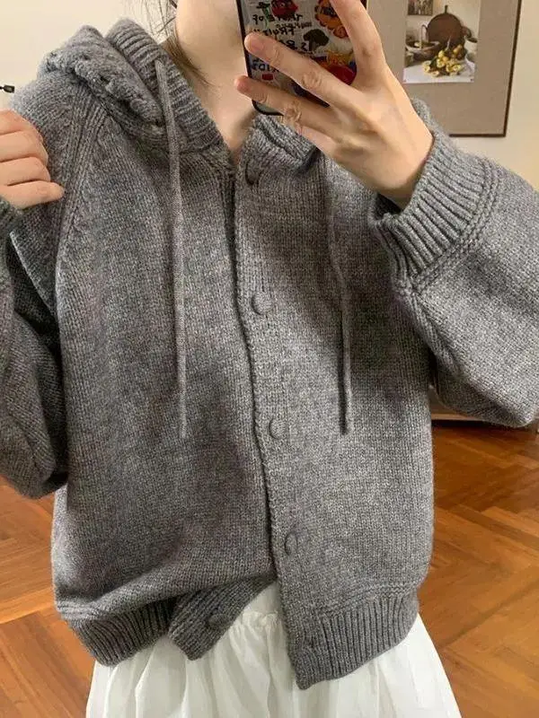 Korean Style Loose Fit Women's Knitted Hat Sweater Coat Pumpkin Color Autumn Winter New Arrival Casual Fashion Outerwear
