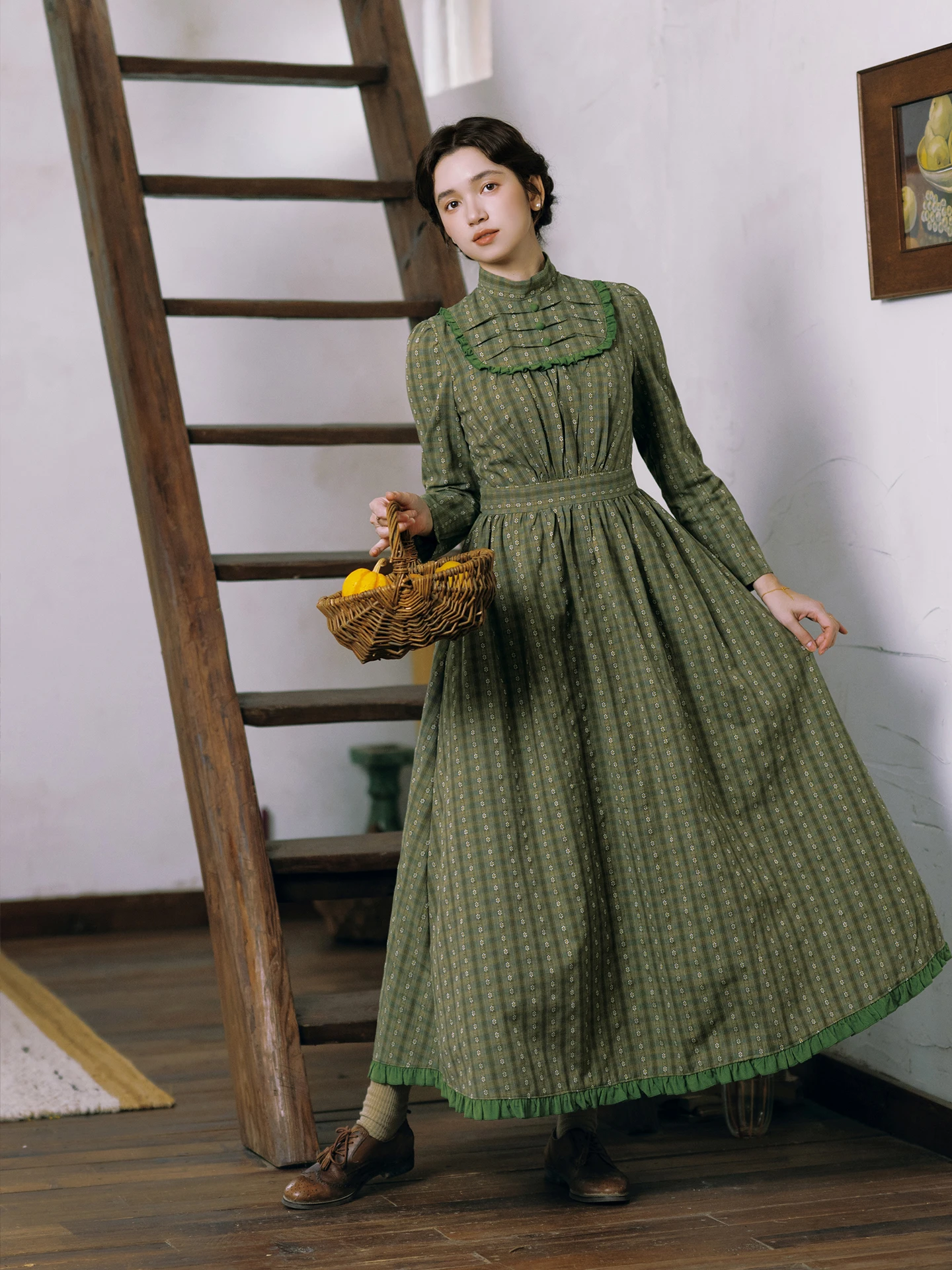 Tiyihailey primavera outono feminino verde listrado impresso vestido de manga cheia longo maxi senhoras S-XL vintage cintura alta 2025 gola alta