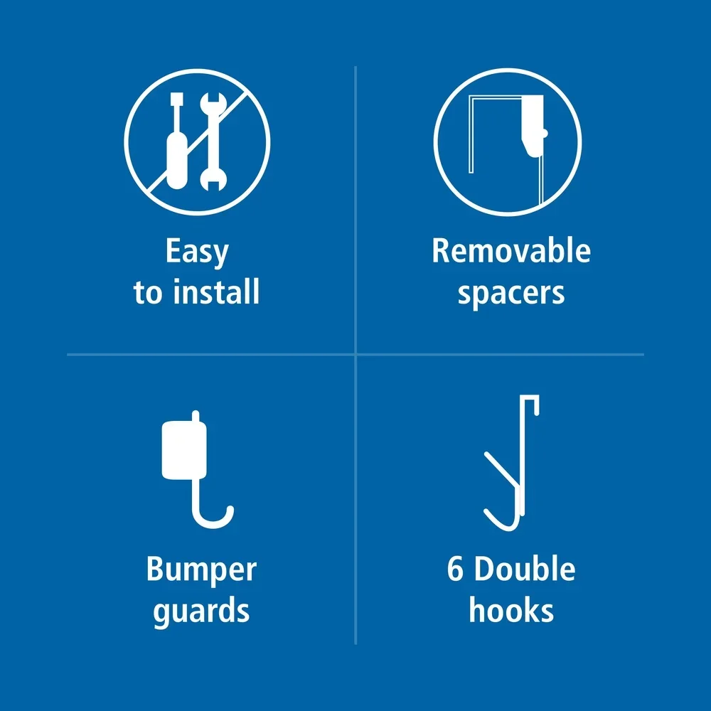 رف خطاف فوق الباب، 6 خطافات مزدوجة، بدون حل تخزين للحفر، منظم إكسسوارات الملابس