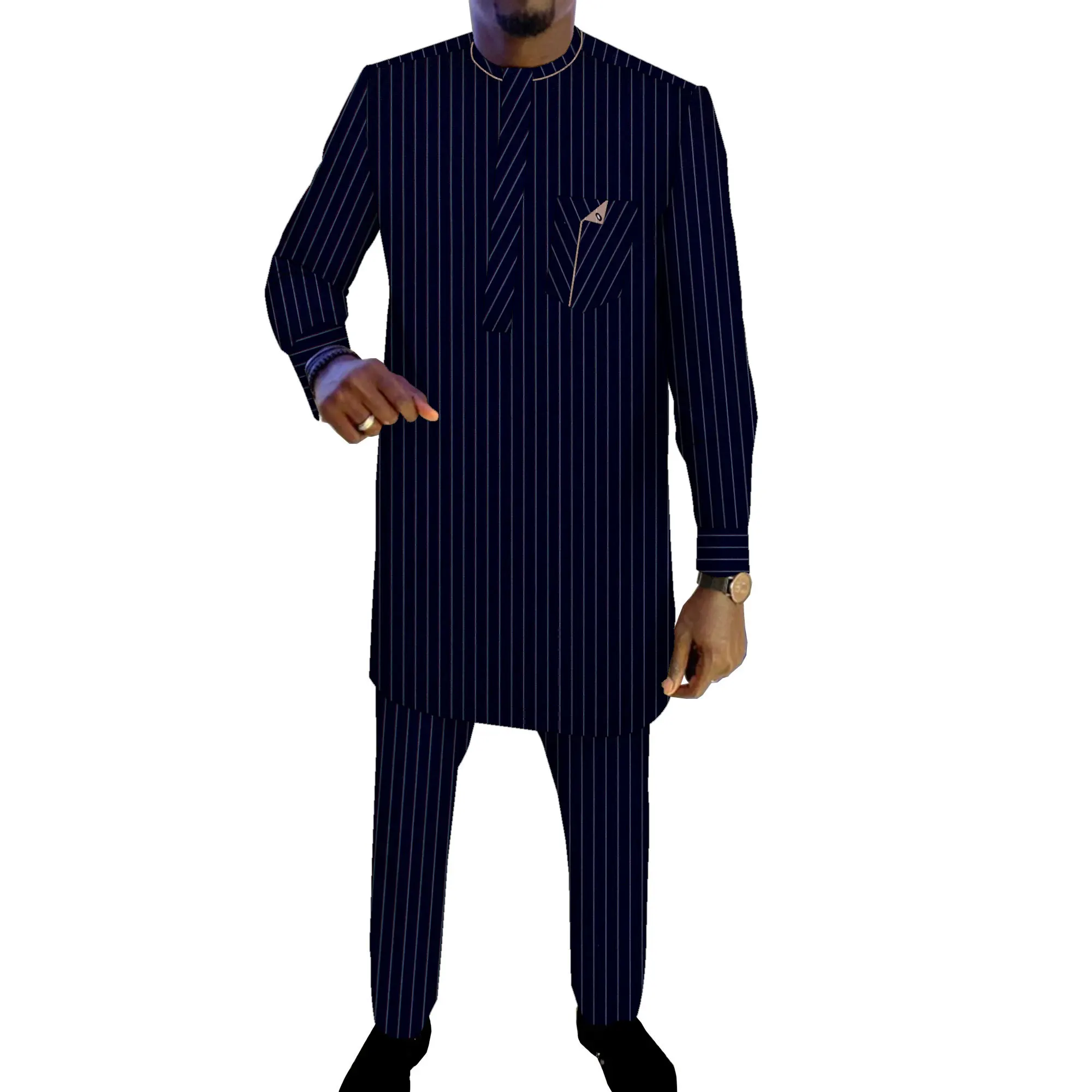 African Men's Striped Suit Dashiki Shirt and Pants African Print Clothing Patchwork Plus Size Men Suit WYNT117