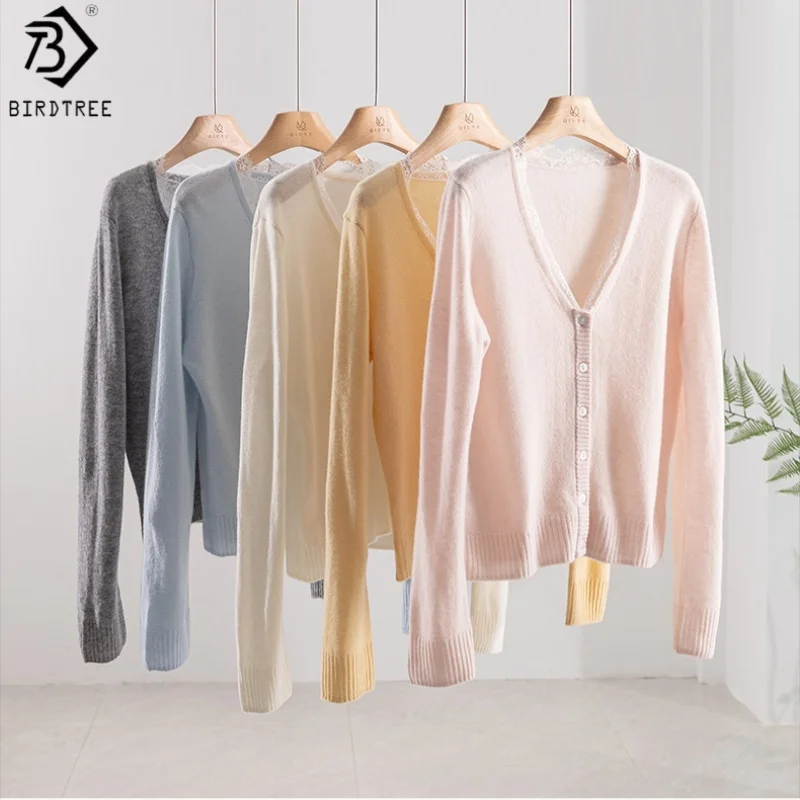 

Birdtree, однотонный кардиган из 100% овечьей шерсти, женское однобортное свободное кружевное вязаное пальто с v-образным вырезом и длинными рукавами, осень 2023, T58023JF