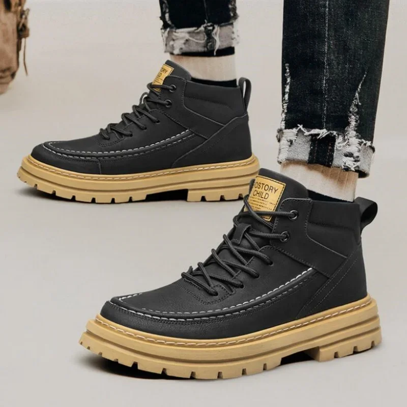 

2024 Men's Boots Genuine Leather Shoes High Quality Lace Up Motorcycle Boots Men Casual Shoes