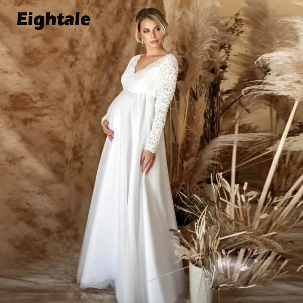 

Eightale Maternity Wedding Dresses Lace V-Neck Long Sleeves Custom Made Bridal Gown for Pregnant Women hochzeitskleid