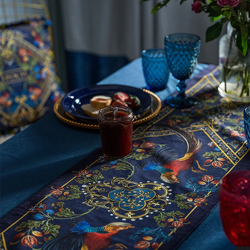 

Pastoral Velvet Table Runner Home Luxury Golden Pheasant Print Tassel Diningtable Decorative Cloth Thick Short Plush TableRunner