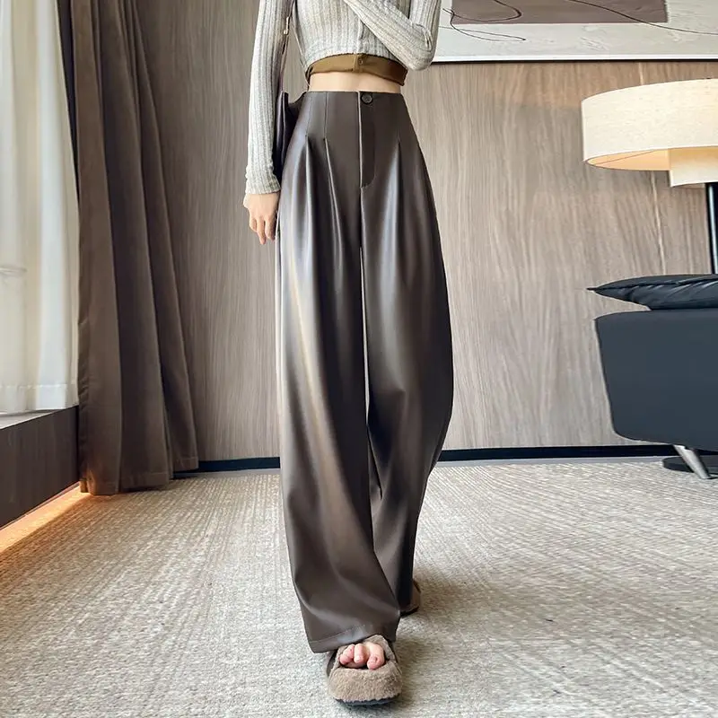 

Suit Wide Leg Leather Pants for Women Autumn Winter New High Waist Loose PU Leather Casual Wide Leg Pants Floor Mopping Trousers