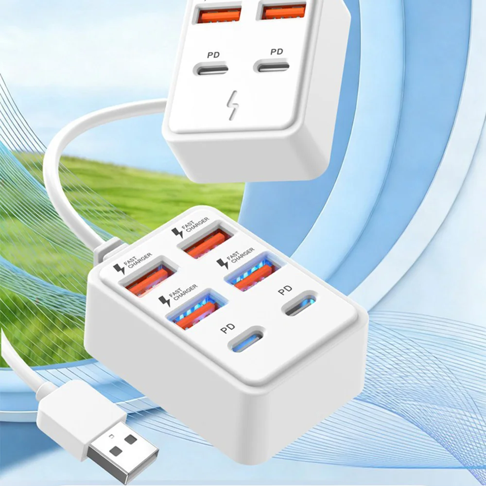 6 Ports USB Charger 4USB+2PD Power Strip Multi Port Type C Wall Phone Charger With 43CM USB C Cable For iPhone Samsung Xiaomi