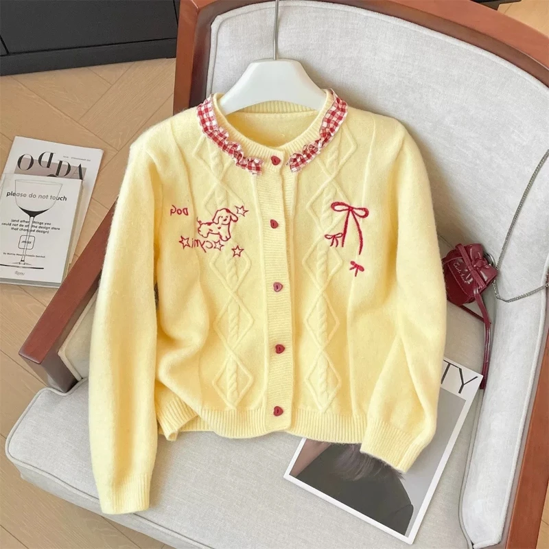

Cute Puppy Embroidered Butterfly Heart Button Round Neck Sweater for Women 2026 Autumn Fashion Sweet Loose Knit Cardigan Jacket
