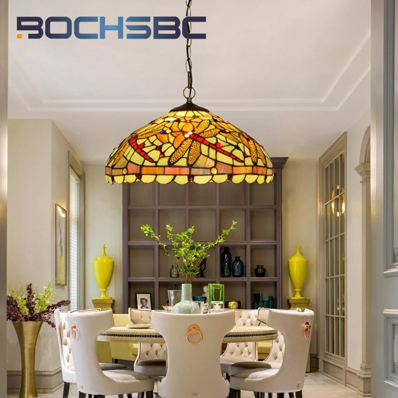 BOCHSBC Tiffany Stained glass 16 inch American style Dragonfly Chandelier Art Deco Hotel Dining Room bedroom hanging light