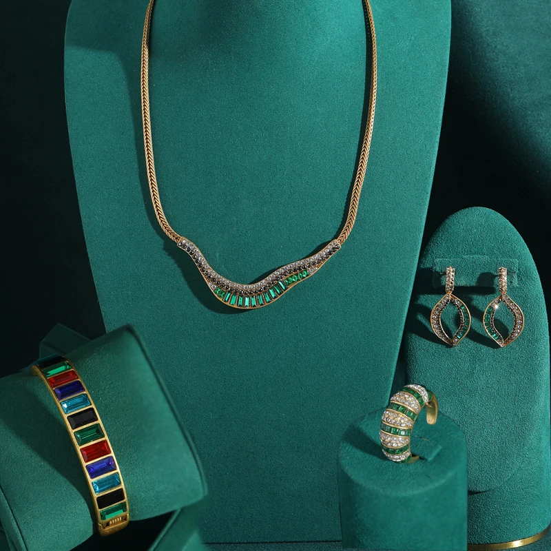 

Vintage Green Zircon Necklaces Jewelry Sets Luxury Brands Accessories Earrings Bangle Ring Colorful Crystal Women Wedding Gift