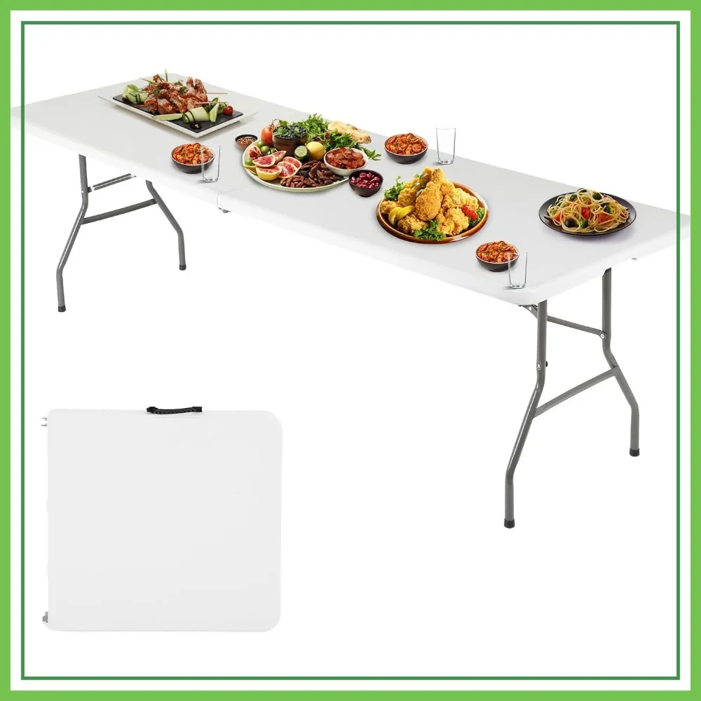 

FDW 6FT Folding Table, Portable Fold-in-Half Plastic Picnic Party Table with Carrying Handle (White)