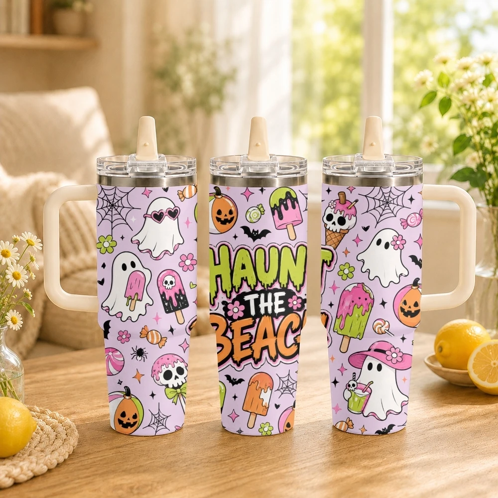 Halloween IceCream Ghosts Vacuum Flasks 40oz Thermal Tumbler with Handle Stainless Steel Vacuum Insulated Water Portable Mug Cup