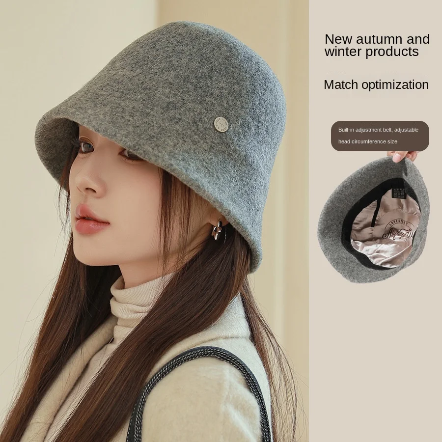 Fisherman Hat Women  Winter High Grade Wool Basin Hat Elegant Show Face Small Wide Rim Basin Cap High Grade Feel Bucket Hats