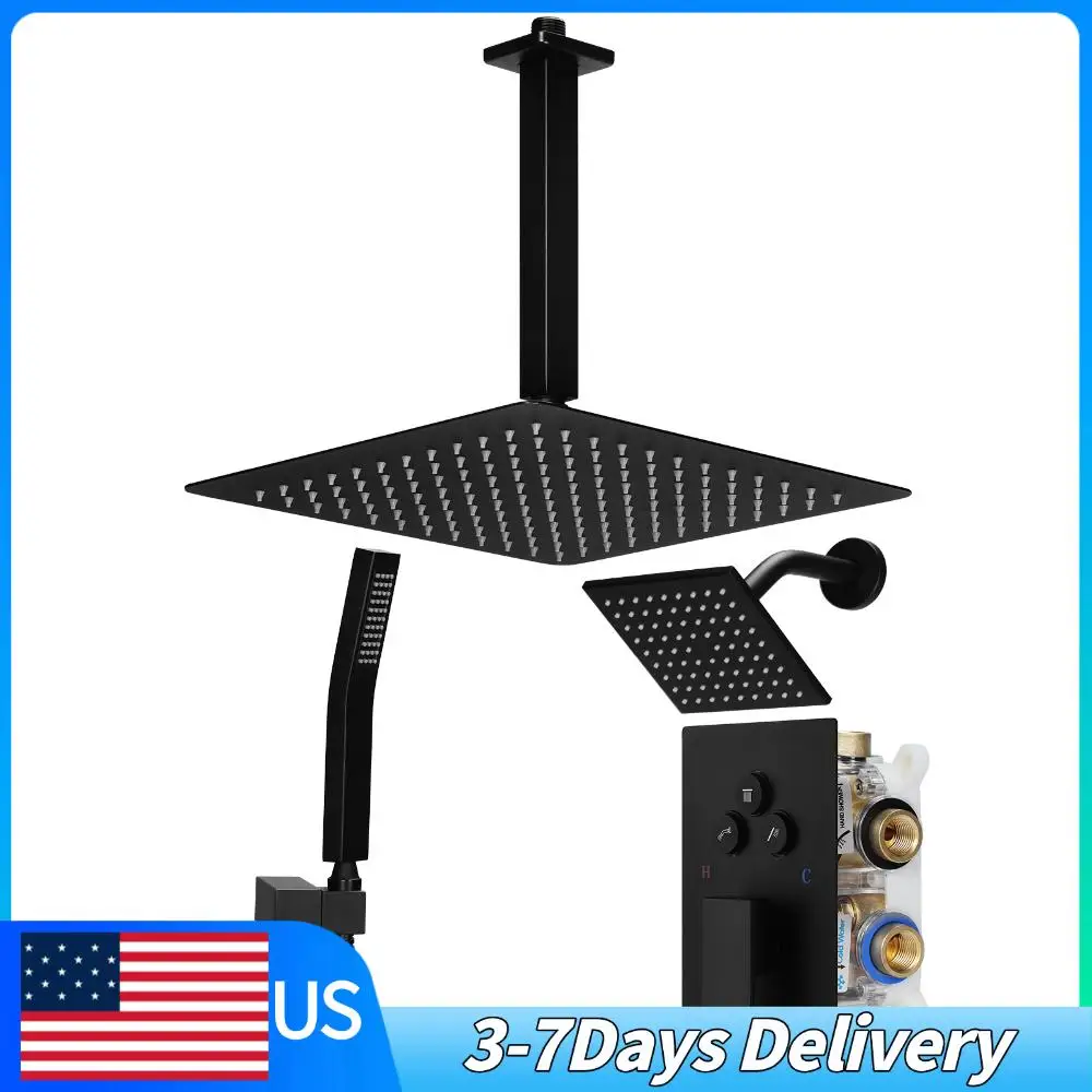 

Душевая система с эффектом тропического дождя: потолочная лейка 12 дюймов, настенная лейка 6 дюймов, кнопочный переключатель, ручная лейка 2-в-1 для ванной комнаты