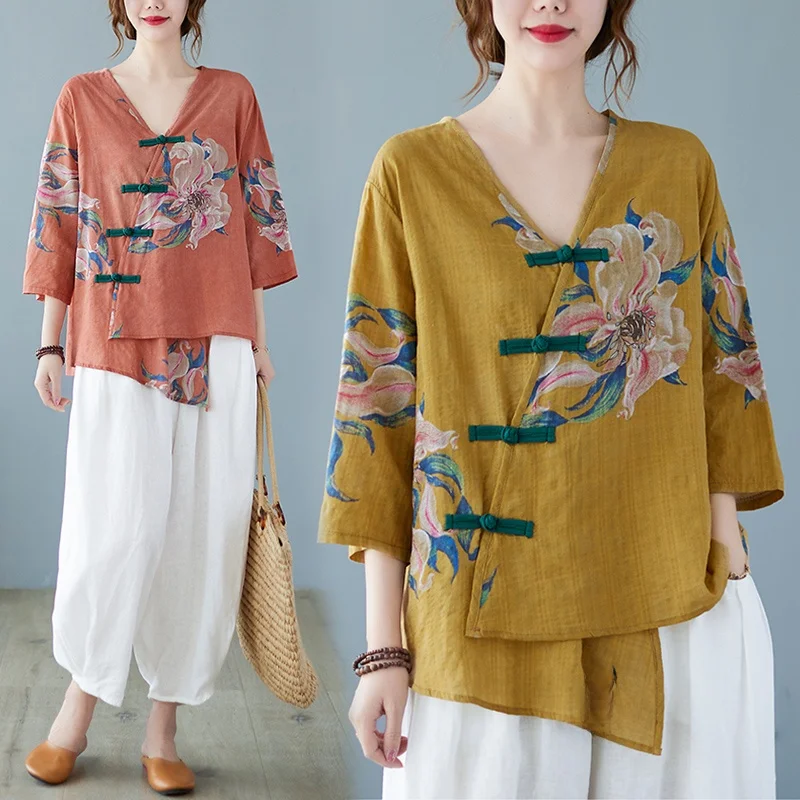 

Женский летний топ свободного покроя из хлопка и льна большого размера с асимметричным принтом V-Ne Five-Quarter Sve на пуговицах