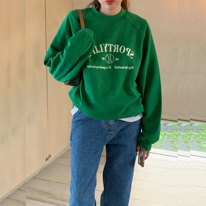 

Early Autumn American Retro Loose Long Sleeve Women's Sweatshirt Jacket Casual Sporty Style Green Lazy BF Top round Neck