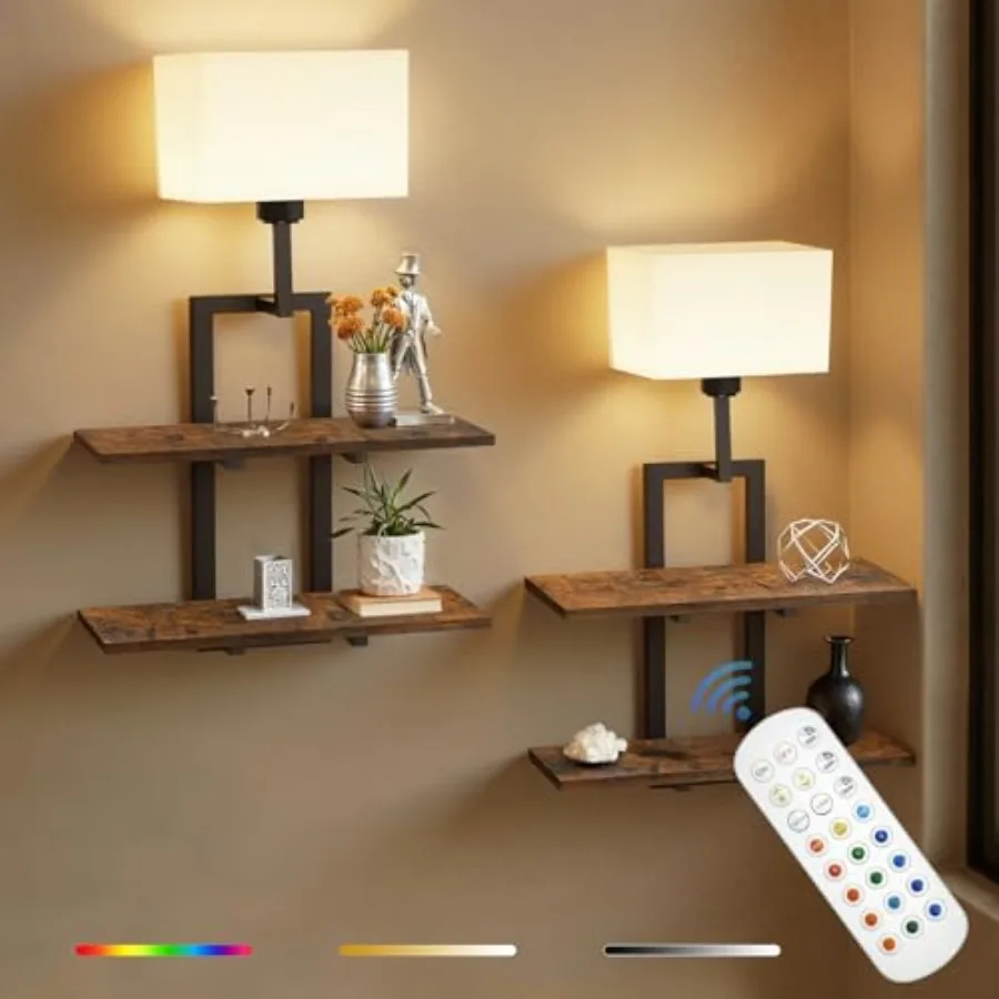 

Set of 2 Battery Operated Wall Sconce with 2-Tier Shelf, Remote Wireless Rechargeable Dimmable Wall Lights with Floating Shelve