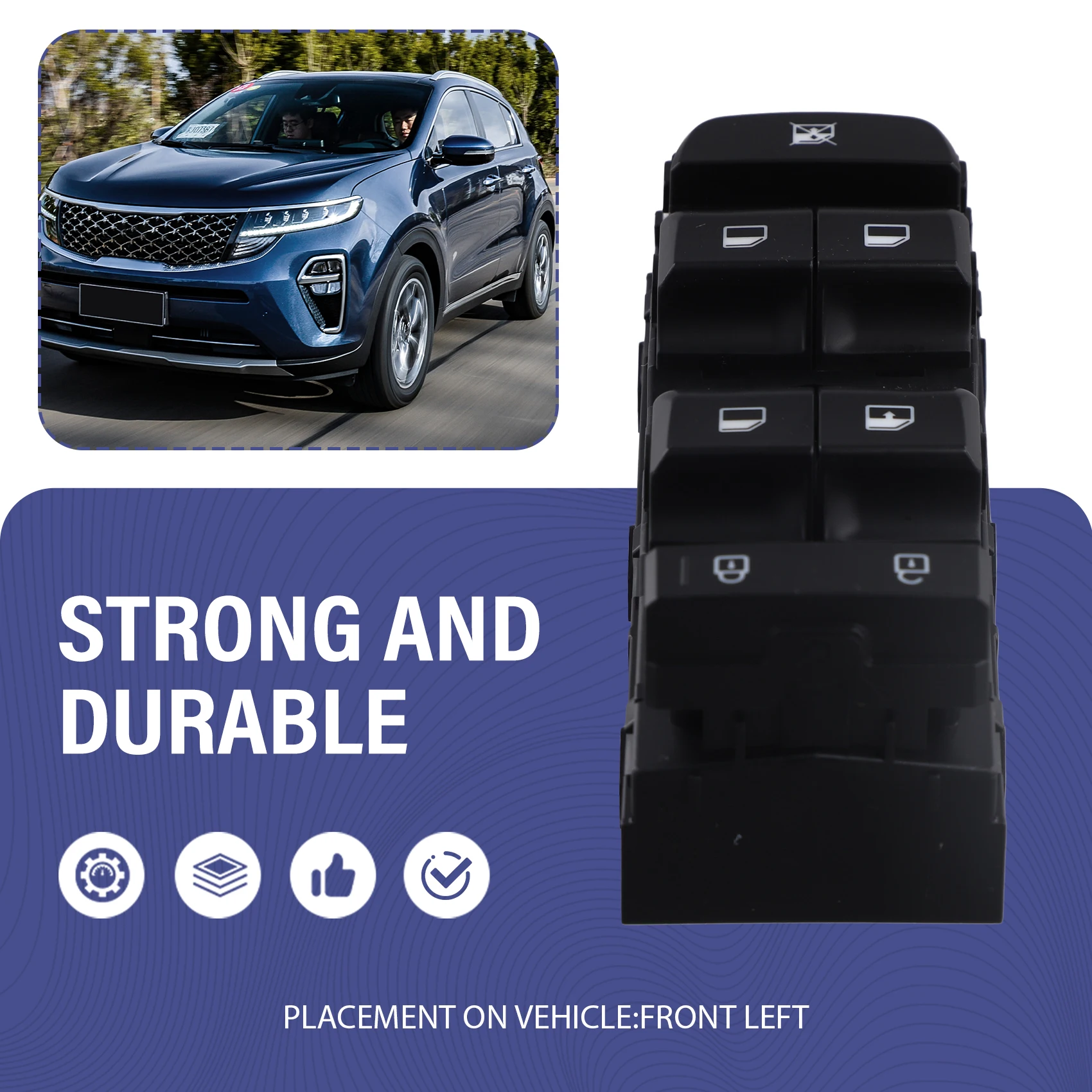 สวิตช์ควบคุมกระจกไฟฟ้าด้านหน้าซ้าย ABKN พร้อมไฟสีขาว 93571-Q6210 สำหรับ KIA Seltos ปี 17-22 ปุ่มควบคุมกระจกหลัก