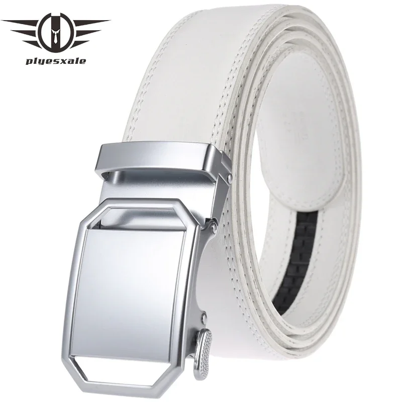 

Plyesxale 2024 Men Belt Genuine Leather White Alloy Automatic Buckle Casual Fashion Belt For Jeans High Quality Mens Belts G227