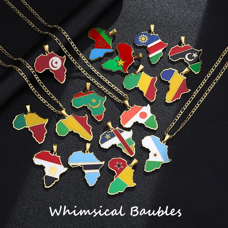 

Retro Simple Nigerian Ghana Somalia Colored Flag Necklace Gold Plated Stainless Steel Africa Map Necklace for Women