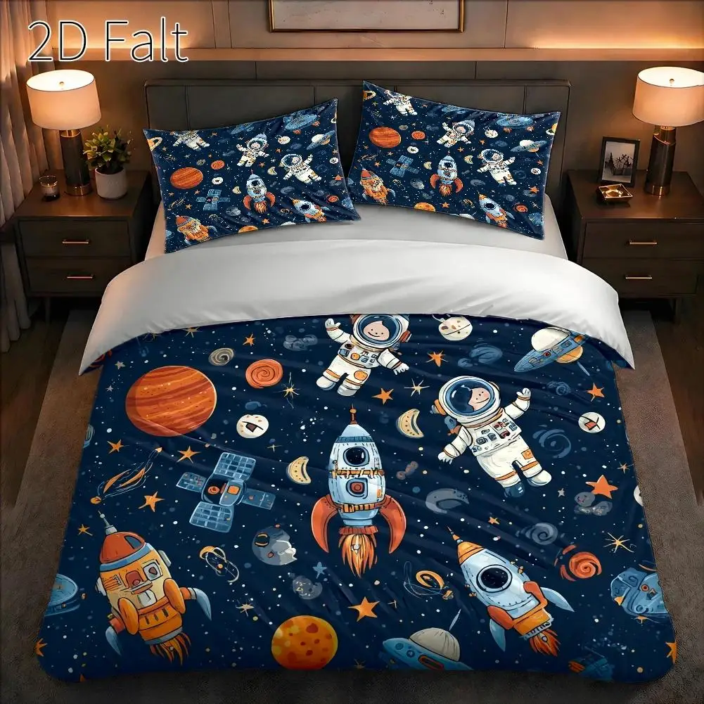 3-Piece Quilt Cover Set, 1 Quilt Cover + 2 Pillowcases (Without Filling) 2D Flat Priting, Three-Piece Quilt Cover Set, Space Astronaut Theme, Cartoon Hand-Drawn Style, Aerospace Festival, Suitable for All Seasons, Machine Washable, Invisible Zipper, Large Quilt Cover Set, Bedding Set, Skin-Friendly and Breathable, Soft and Comfortable, Does Not Fade or Pill, Suitable for Home/Dormitory/Master Bedroom/Guest Room