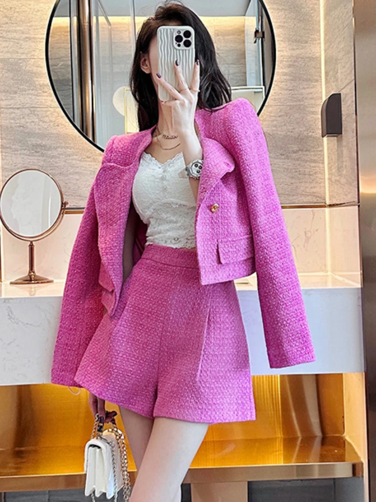 Autumn Winter New Shorts Suit Women Elegant Long Sleeve Tweed Section Suit Jacket + High Waist Shorts 2 Pcs Set Matching Sets