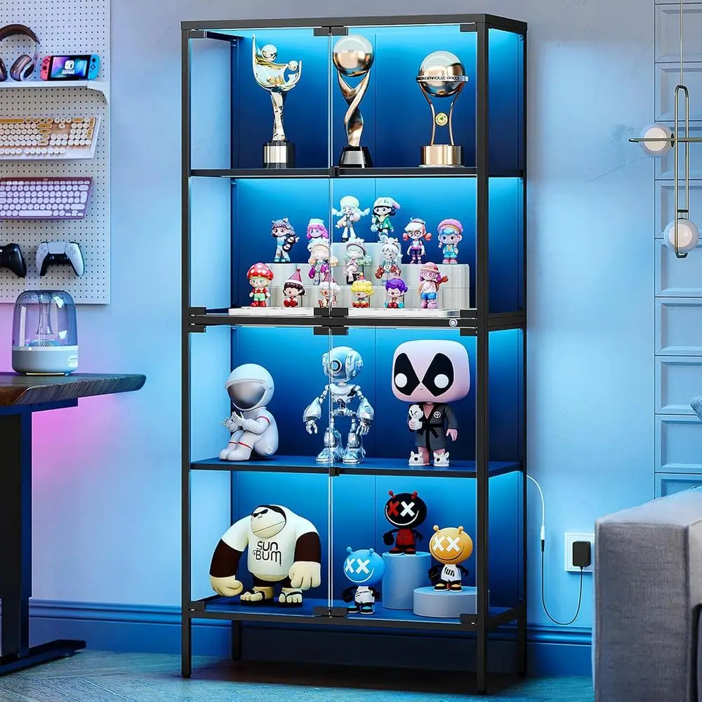 65 LED-Lit Glass Display Cabinet with 4 Shelves for Collectibles, Figures, and Awards (Black)