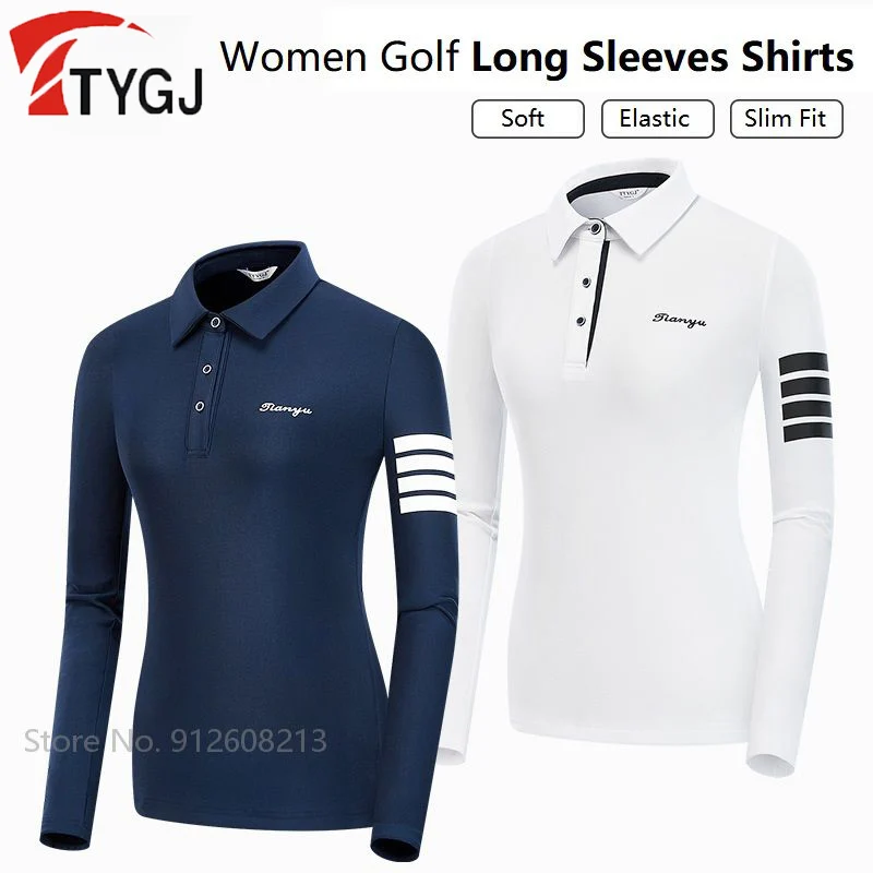 TTYGJ Women Striped Elastic Golf Polo Shirts Ladies Outdoor Lapel Breathable Golf T-shirts Slim Long-sleeves Casual Sports Tops