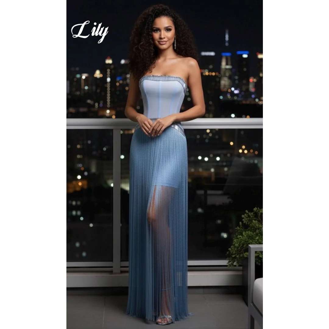 

Lily Chic Blue Prom Dress Strapless Corset Tassel Fringe Evening Gown For Formal Special Occasion Women فساتين الحفلات Customize