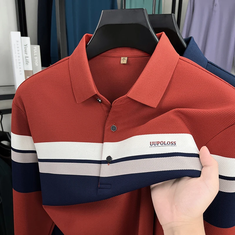 

Classic fashion striped long sleeve polo shirt men's luxury brand letter printed business casual spring autumn new lapel T-shirt