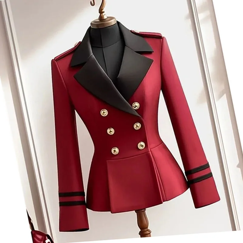 2025 Spring Autumn Women\'s Jacket Popular Explosions Anchorage Red Suit Jacket Temperament Slim Waist Advanced Contrast Jacket