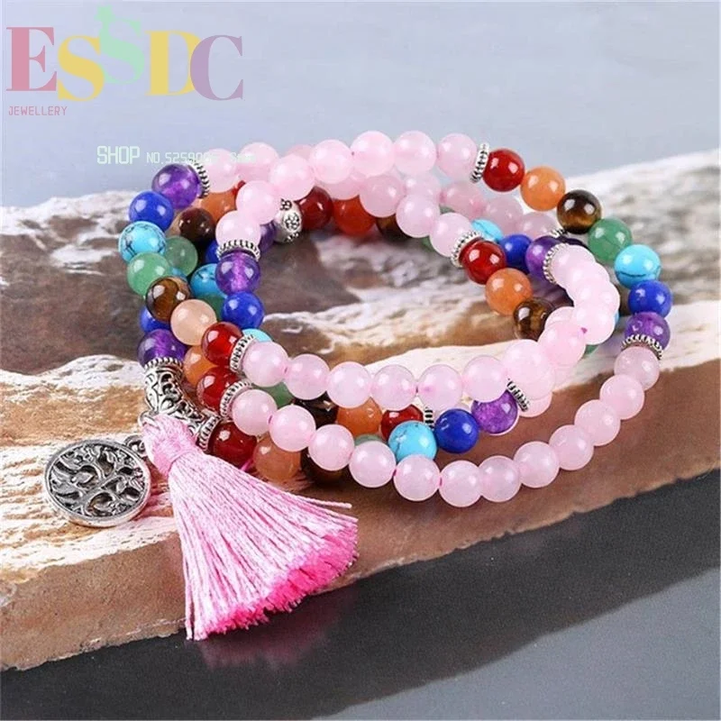 

Trendy Yoga 108 Mala 6mm Natural Pink Crystal 7 Chakra Onyx Beaded Bracelet Fashion Women's Long Strand Necklace for Meditation