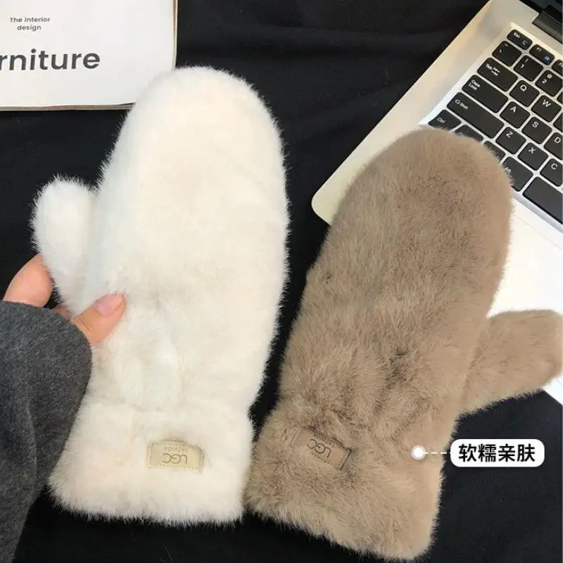 الشتاء تقليد قفازات فرو المنك رشاقته قفازات مخملية في الهواء الطلق يندبروف الدافئة طبقة مزدوجة القفازات الصلبة زائد قفازات الكشمير #5