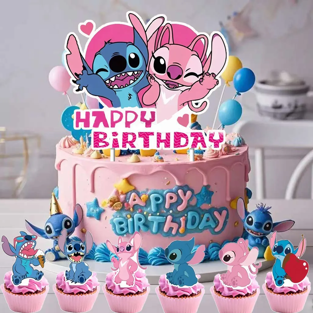 Stitch Cake Topper Set,Stitch Happy Birthday Cake Topper with Cupcake Toppers, Stitch Themed Party Supplies for Birthday Baby