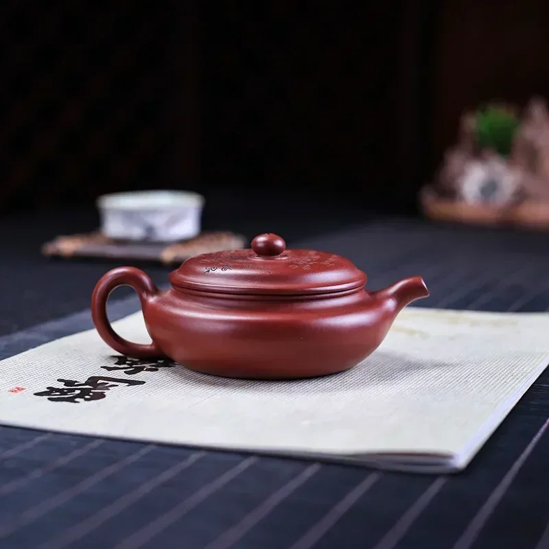 Yixing genuine purple clay antique pot ，Flat plum original mine Dahongpao tea set Ewer Traditional handmade Gift teapot 160cc