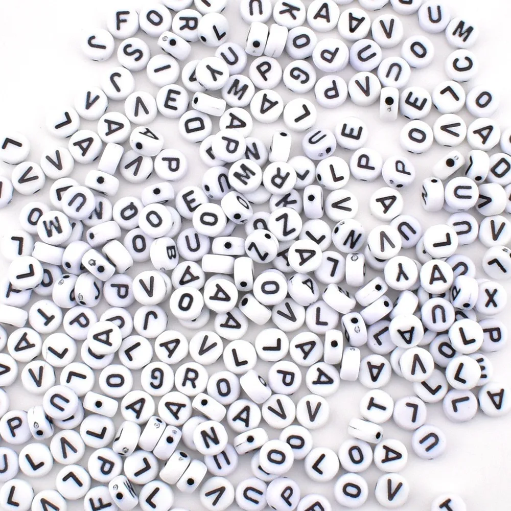 50pcs/lot 7*4*1mm DIY Handmade beading Acrylic beads Round white background black holes black letter beads for jewelry making