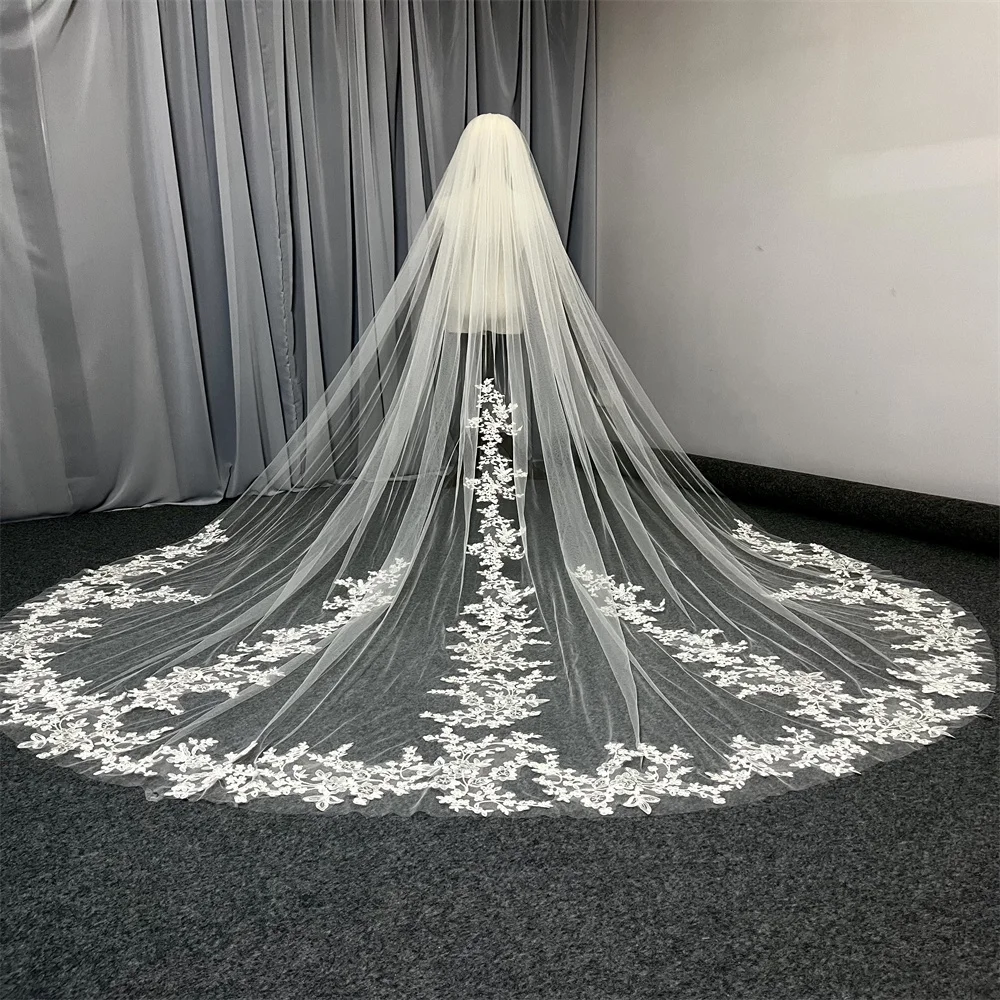 New Long Wedding Veil With Comb 1 Tier Soft TulleFloral Elegant Bridal Veils White Ivory Custom Veil 3M 4M 5M image 4
