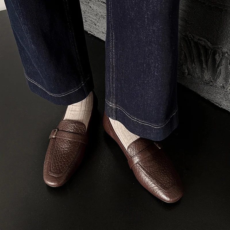 

Women's Black Flats Loafers Elegant Slip-on Shoes Natural Leather Mules Brown Luxury High Quality Designer Ladies Shoes