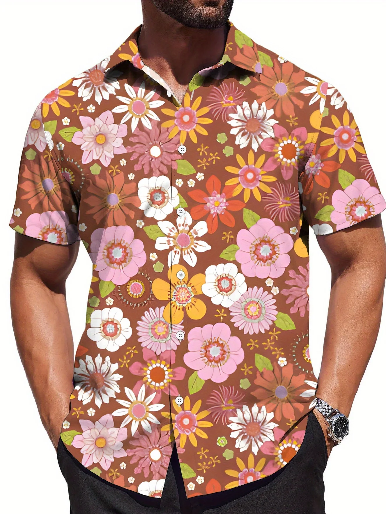 Men Brown Retro Mixed Color Daisy Floral Print Loose Hawaiian Beach Short Sleeve Shirt