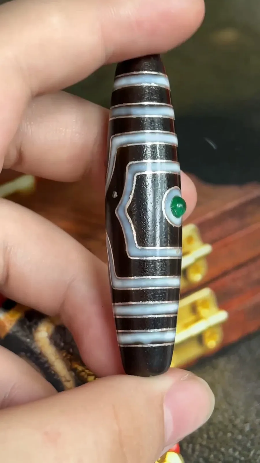 Tibetan Buddhism Agate Inlaid Silver Wire Tourmaline Gem 3 Eyes Dzi Beads X089